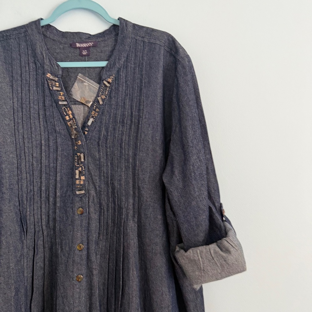 ROAMAN'S® Women’s Plus Long Sleeve Denim Cotton Beaded Blouse Size 26 W - Picture 4 of 10
